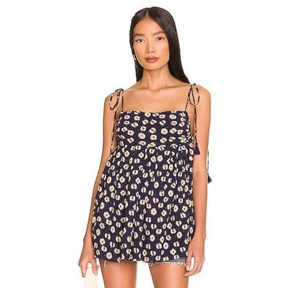 Free People Molly Sleeveless Cotton Tunic Navy Tie Shoulder Tassel Tank Small